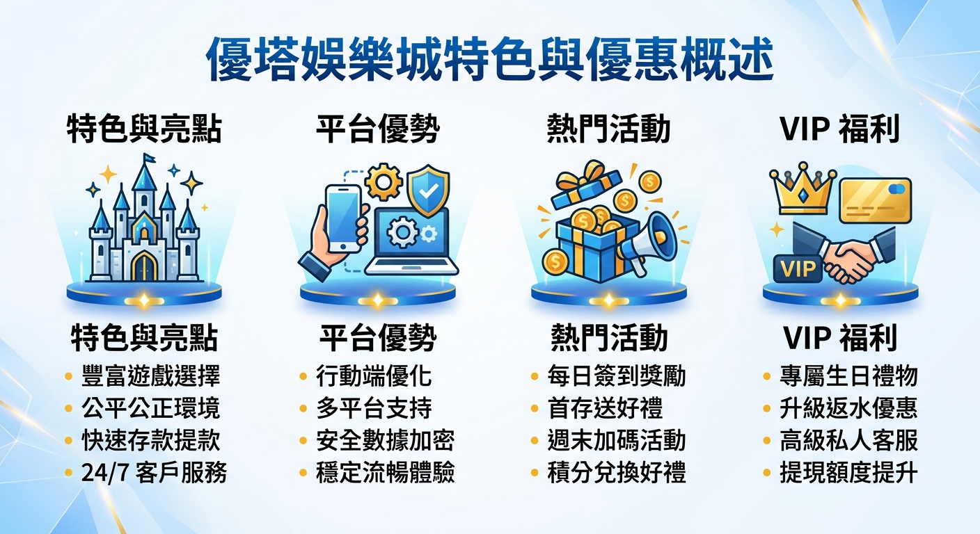 一張清晰的資訊圖表，上方標示標題「優塔娛樂城特色與優惠概述」。 畫面分為四個主題區域，分別展示平台亮點、系統優勢、熱門活動與專屬 VIP 福利。